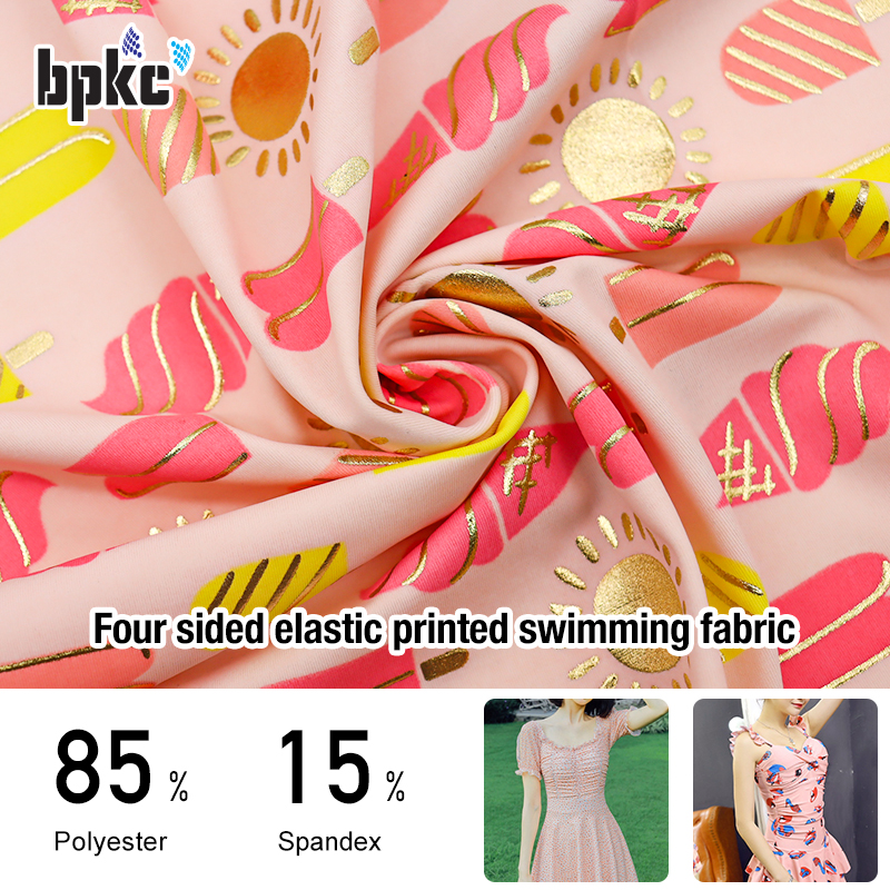 Polyester nylon high elastic stamping gold needle knitted fabric