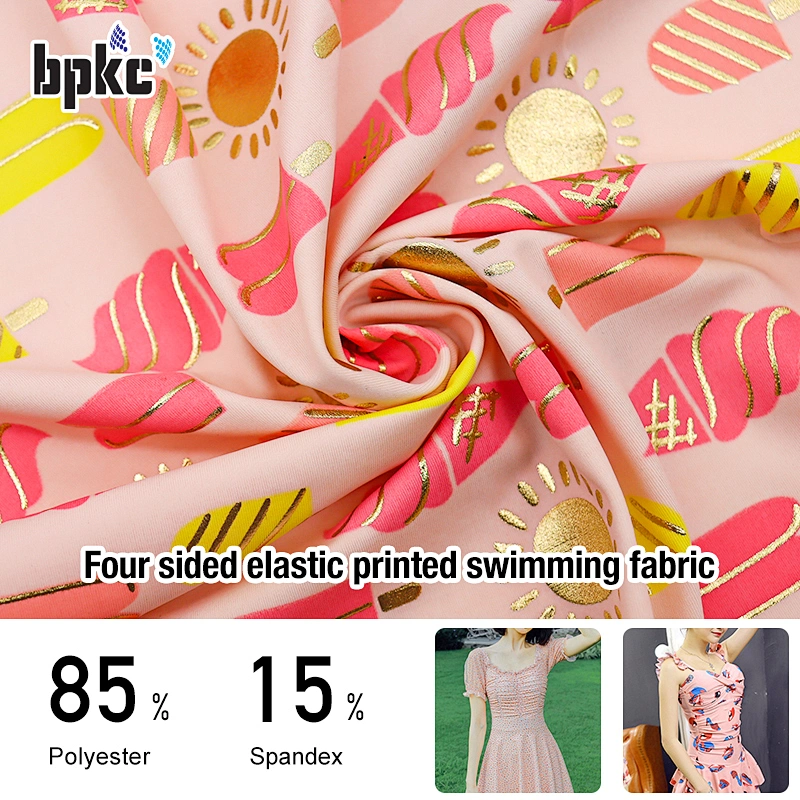 Polyester nylon high elastic stamping gold needle knitted fabric